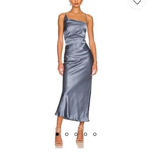 Revolve La Lune Asymmetrical Bias Cowl Midi Dress in Blue Smoke